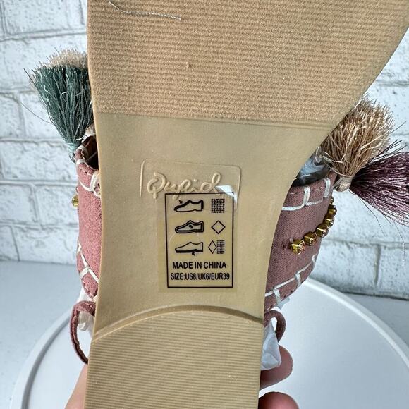 Qupid Archer Sandals Size 6.5 Boho Faux Leather Tassel Wrap Embroidered Pink - Picture 6 of 12